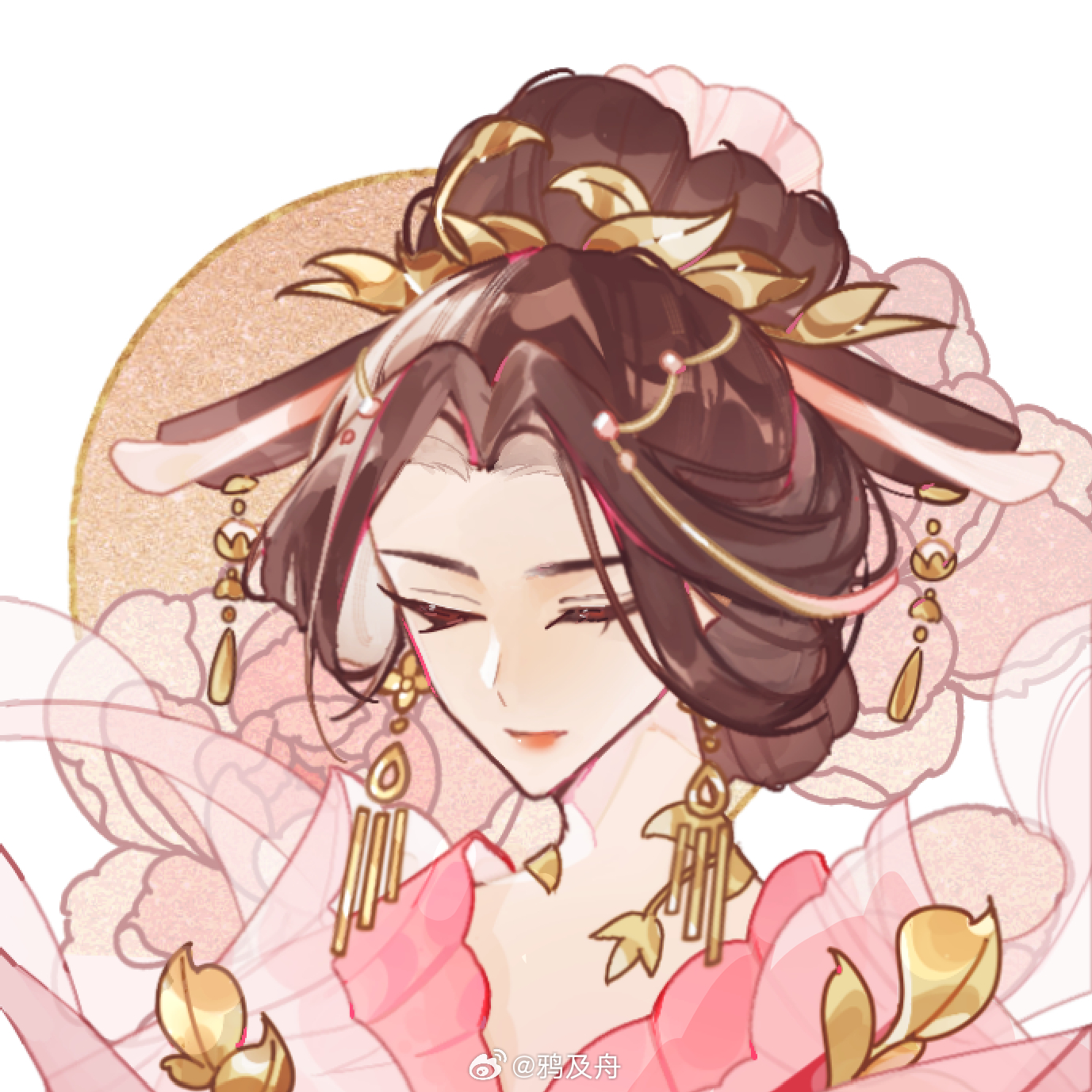 hua yi shanxin zhiyue, chinese commentary, highres, 1girl, brown hair, chinese clothes, closed eyes, closed mouth, curtained hair, dress, earrings, floating earrings, floral background, flower, flower earrings, full moon, gold choker, gold earrings, hagoromo, hair bun, hair ornament, hair stick, hanfu, jewelry, leaf hair ornament, moon, orange lips, parted bangs, peony (flower), pink dress, pink flower, pink hanfu, portrait, shawl, sidelocks tied back, smile, solo, tassel, tassel hair ornament, wei yang, white background, ya ji zhou