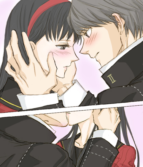 gogono pan'ya, amagi yukiko, narukami yu, atlus, persona, persona 4, 1boy, 1girl, black hair, blush, couple, hetero, long hair