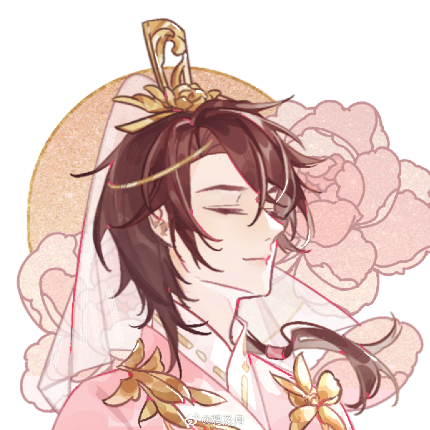 hua yi shanxin zhiyue, chinese commentary, highres, 1boy, brown hair, chinese clothes, closed eyes, closed mouth, curtained hair, floral background, flower, flower ornament, full moon, gold flower, hair between eyes, hair over shoulder, hanfu, low side ponytail, male focus, medium hair, moon, peony (flower), pink flower, pink hanfu, pink robe, pink veil, portrait, robe, see-through clothes, see-through veil, smile, solo, veil, wen siyu, white background, xiao guan (headdress), ya ji zhou