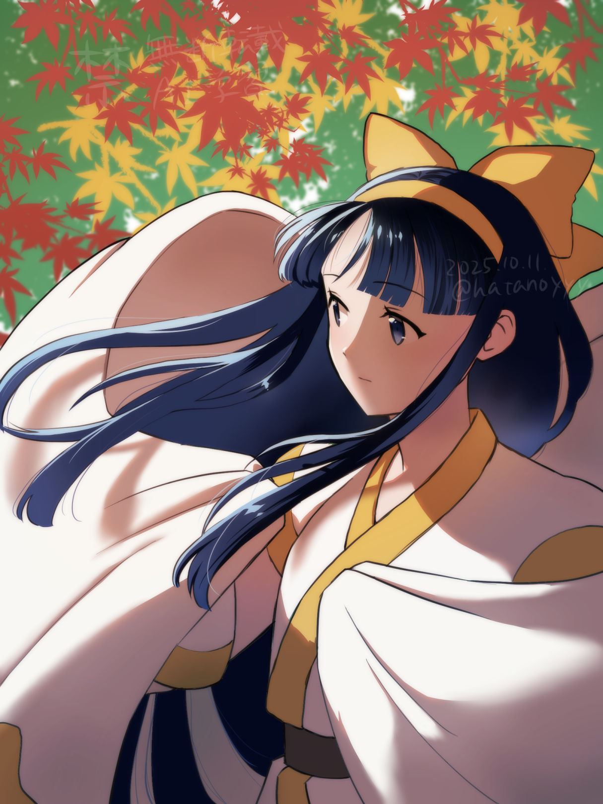 nakoruru, samurai spirits, snk, the king of fighters, highres, 1girl, ainu clothes, alternate color, artist name, autumn leaves, blue eyes, blue hair, breasts, coat, dated, expressionless, hair ribbon, half-closed eyes, leaf, long hair, ribbon, small breasts, solo