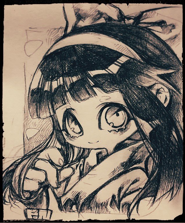 nakoruru, samurai spirits, snk, the king of fighters, traditional media, 1girl, ainu clothes, artist name, black hair, breasts, fingerless gloves, gloves, hair ribbona, long hair, looking at viewer, monochrome, sketch, small breasts, solo