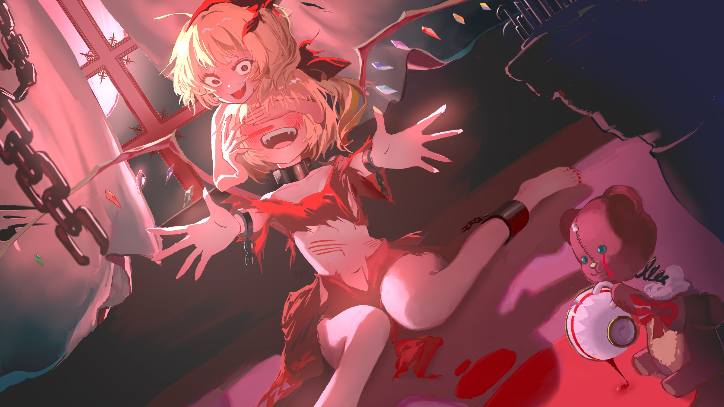 mi 88086035, flandre scarlet, touhou, character request, highres, 2girls, bare shoulders, blonde hair, chain, chain collar, chained wrists, claw mark, crystal wings, cup, disheveled, dutch angle, fangs, full body, full moon, indoors, looking at viewer, moon, multiple girls, navel, open mouth, red eyes, red moon, short hair, sitting, stuffed animal, stuffed toy, teacup, teddy bear, teeth, torn clothes, upper teeth only, wariza, window, wings