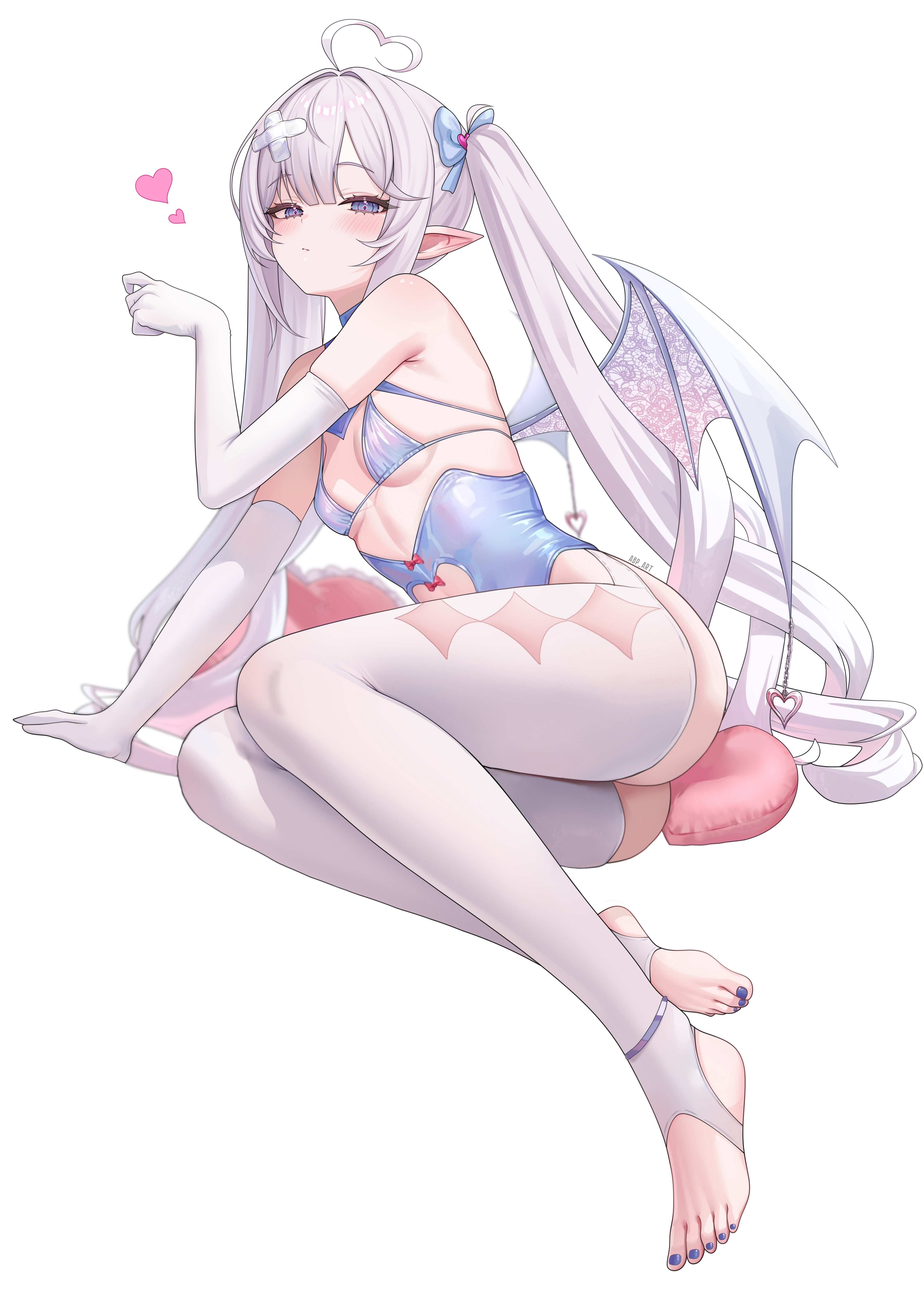 abpart, original, absurdres, highres, 1girl, ass, bandaid, bandaid hair ornament, bare shoulders, bikini, bikini top only, blue bikini, blue eyes, blue leotard, blush, breasts, closed mouth, crossed bandaids, demon girl, demon wings, elbow gloves, gloves, grey hair, hair ornament, heart, leotard, long hair, looking at viewer, nail polish, simple background, small breasts, solo, stirrup legwear, swimsuit, thighs, toeless legwear, toenail polish, toenails, toes, twintails, white background, white gloves, white wings, wings