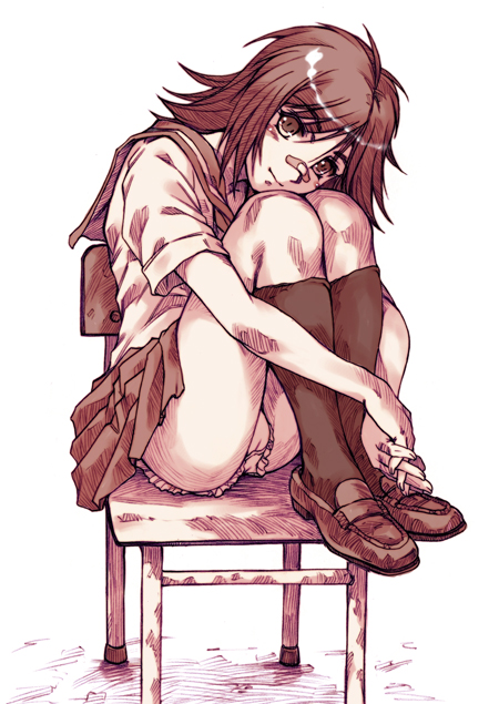 hisahiko, original, 1girl, bandaid, blush, chair, female focus, hugging own legs, miniskirt, monochrome, panties, pantyshot, school uniform, serafuku, sitting, skirt, smile, socks, solo, underwear, upskirt