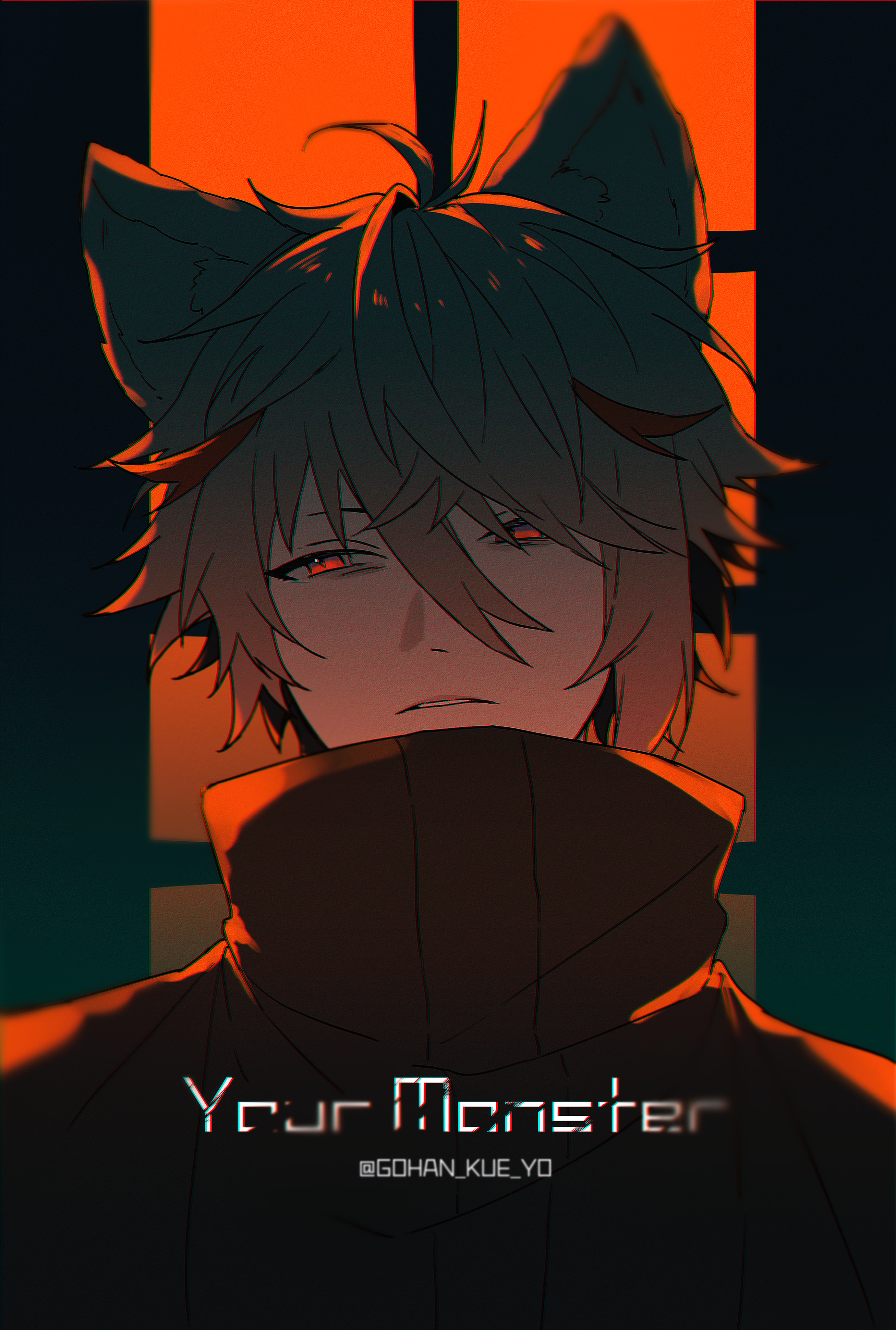 shiba twst 69, seraph dazzlegarden, nijisanji, absurdres, commentary request, highres, 1boy, animal ears, backlighting, black background, english text, glaring, hair between eyes, half-closed eyes, high collar, limited palette, looking at viewer, male focus, parted lips, red background, red eyes, red hair, red shirt, shirt, short hair, solo, twitter username, upper body, virtual youtuber