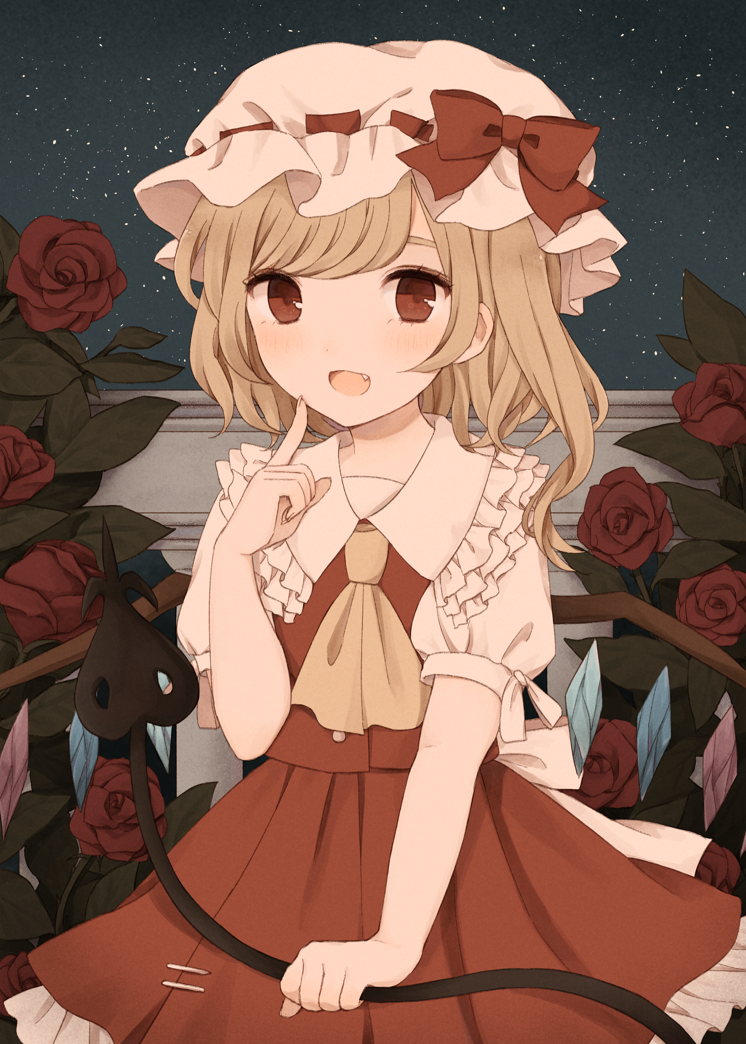 ichigo (ichigoxxusagi), flandre scarlet, embodiment of scarlet devil, touhou, absurdres, highres, 1girl, ascot, blonde hair, bow, cowboy shot, crystal, flower, frilled shirt collar, frills, hat, hat bow, hat ribbon, laevatein (touhou), looking at viewer, mob cap, night, open mouth, outdoors, pointing, pointing at self, puffy short sleeves, puffy sleeves, red eyes, red flower, red rose, red vest, ribbon, rose, shirt, short sleeves, side ponytail, skirt, sky, smile, solo, star (sky), starry sky, vest, wings, yellow ascot