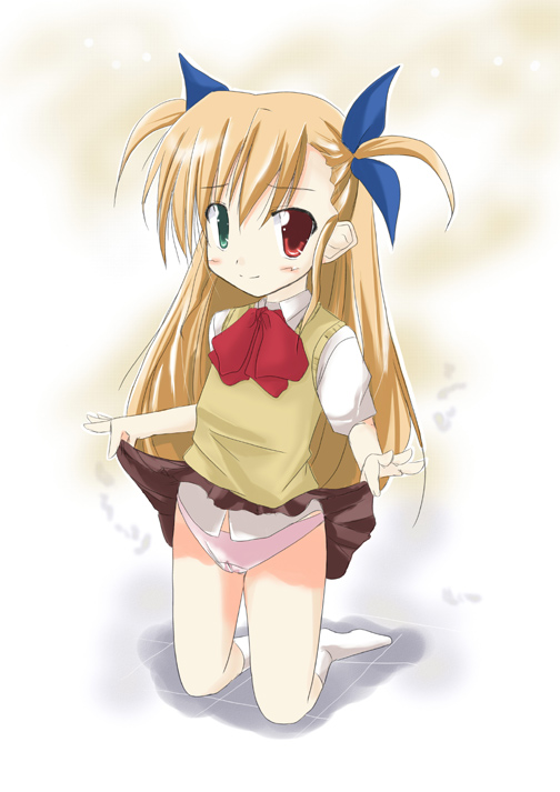utsumiya hiyoshi, vivio, lyrical nanoha, mahou shoujo lyrical nanoha, mahou shoujo lyrical nanoha strikers, 00s, blonde hair, clothes lift, hair ribbon, heterochromia, long hair, panties, ribbon, school uniform, short twintails, skirt, skirt lift, socks, solo, twintails, two side up, underwear