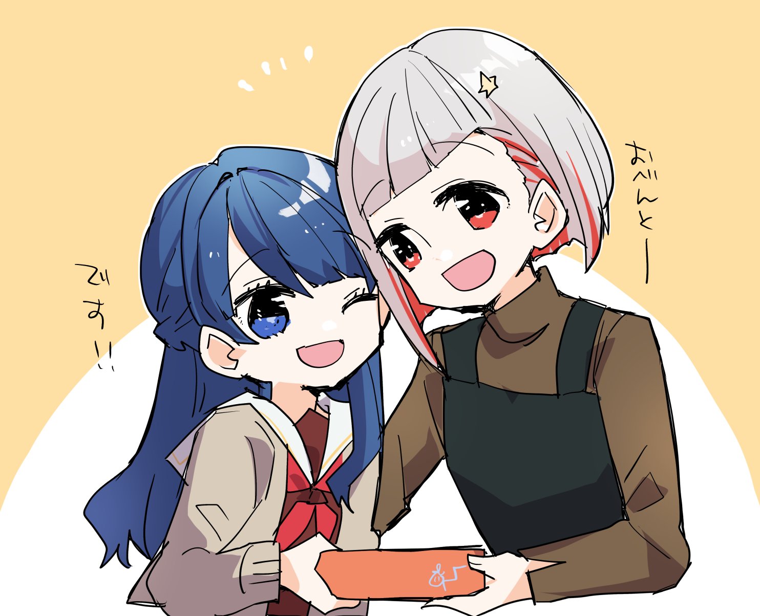 kanduki kamibukuro, murano sayaka, yugiri tsuzuri, link! like! love live!, love live!, commentary, highres, 2girls, :d, ;d, blunt bangs, bob cut, box, brown cardigan, brown dress, brown sweater, cardigan, dress, eye contact, grey hair, hair ornament, hasu no sora school uniform, holding, holding box, long sleeves, looking at another, multicolored hair, multiple girls, neckerchief, one eye closed, open cardigan, open clothes, open mouth, red hair, red neckerchief, sailor collar, sailor dress, school uniform, short hair, simple background, smile, star (symbol), star hair ornament, streaked hair, sweater, turtleneck, turtleneck sweater, virtual youtuber, white sailor collar, winter uniform, yellow background, yugiri tsuzuri (post-graduation)
