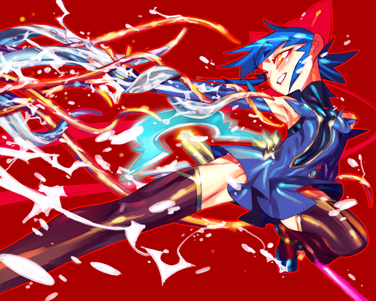 omake3213, omake (pixiv444760), kagano ai, mahou shoujo ai, 00s, armpits, blue hair, blush, bridal gauntlets, elbow gloves, fingerless gloves, flat chest, gloves, hair ribbon, magical girl, outstretched arm, outstretched hand, purple thighhighs, reaching, red eyes, ribbon, short hair, slime (substance), smile, solo, spread legs, tentacles, thighhighs, turtleneck, zettai ryouiki