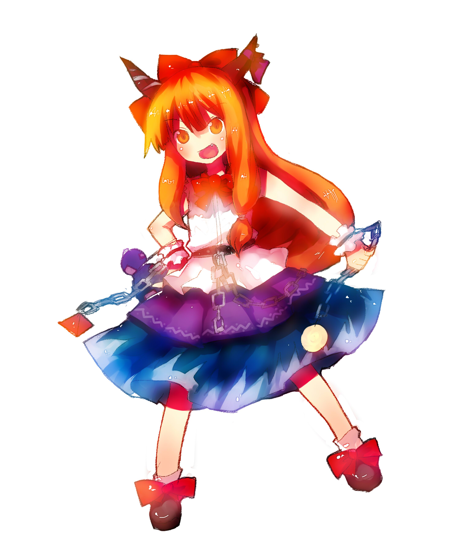 tsuchiya akira, ibuki suika, touhou, bad id, bad pixiv id, highres, 1girl, chain, chained, female focus, full body, gourd, horns, long hair, orange eyes, orange hair, simple background, solo, spread legs, standing, white background