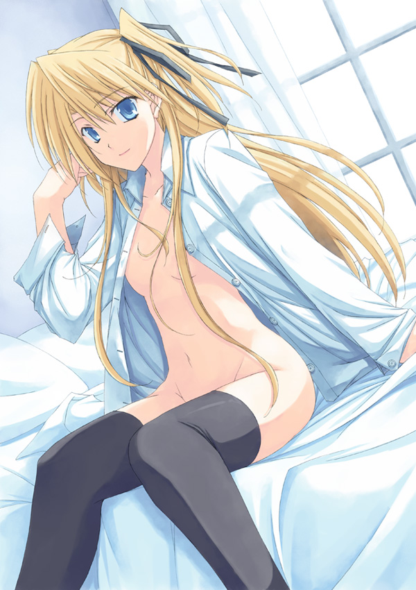 ryouta (ganko tuudere), shalon, quiz magic academy, 1girl, bed, blonde hair, blue eyes, dress shirt, female focus, long hair, naked shirt, no bra, no panties, open clothes, open shirt, shirt, sitting, solo, thighhighs