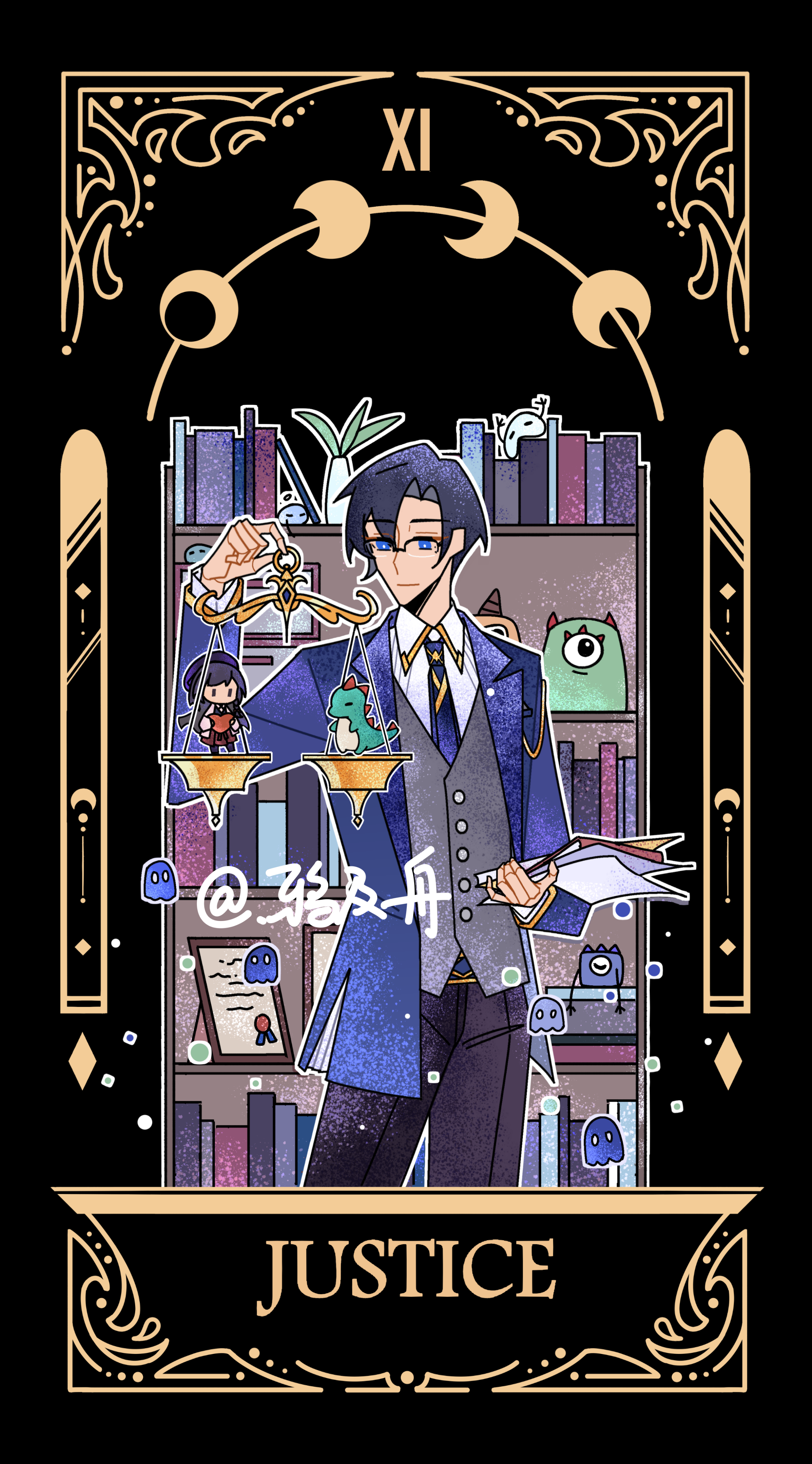 clarence clayden, heroine (lovebrush chronicles), lovebrush chronicles, absurdres, highres, 1boy, balance scale, black background, black pants, blue eyes, blue hair, blue jacket, blue necktie, book, bookshelf, card (medium), character doll, closed mouth, collared shirt, cowboy shot, curtained hair, doll, english text, glasses, grey vest, hand up, holding, holding book, holding paper, holding scale, jacket, justice (tarot), long sleeves, looking to the side, male focus, mole, mole under eye, moon phases, necktie, open clothes, open jacket, outline, pants, paper, parted bangs, plant, roman numeral, shirt, short hair, simple background, smile, solo, standing, stuffed dinosaur, tarot, tarot (medium), vase, vest, weighing scale, white outline, white shirt, ya ji zhou