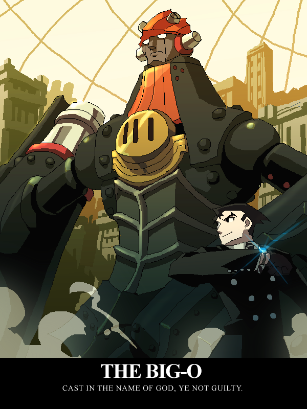 chingisu, big o (mecha), roger smith, the big o, bad id, bad pixiv id, 1boy, black suit, english text, formal clothes, male focus, mecha, oekaki, robot, solo, suit, super robot
