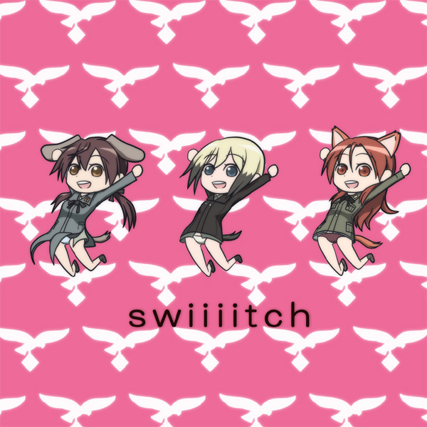 erica hartmann, gertrud barkhorn, minna-dietlinde wilcke, beatmania iidx, bemani, smooooch, strike witches, world witches series, 3girls, :d, animal ears, arm up, cat ears, dog ears, full body, long sleeves, looking at viewer, multiple girls, open mouth, parody, smile, standing, twintails