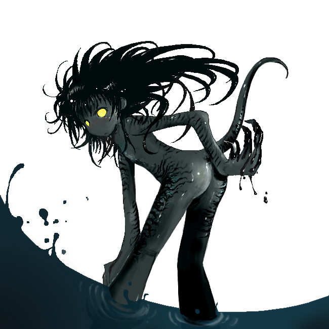seirei, seirei (mimi toka), original, 1girl, black hair, black skin, claws, colored skin, female focus, monster girl, solo, tail, yellow eyes