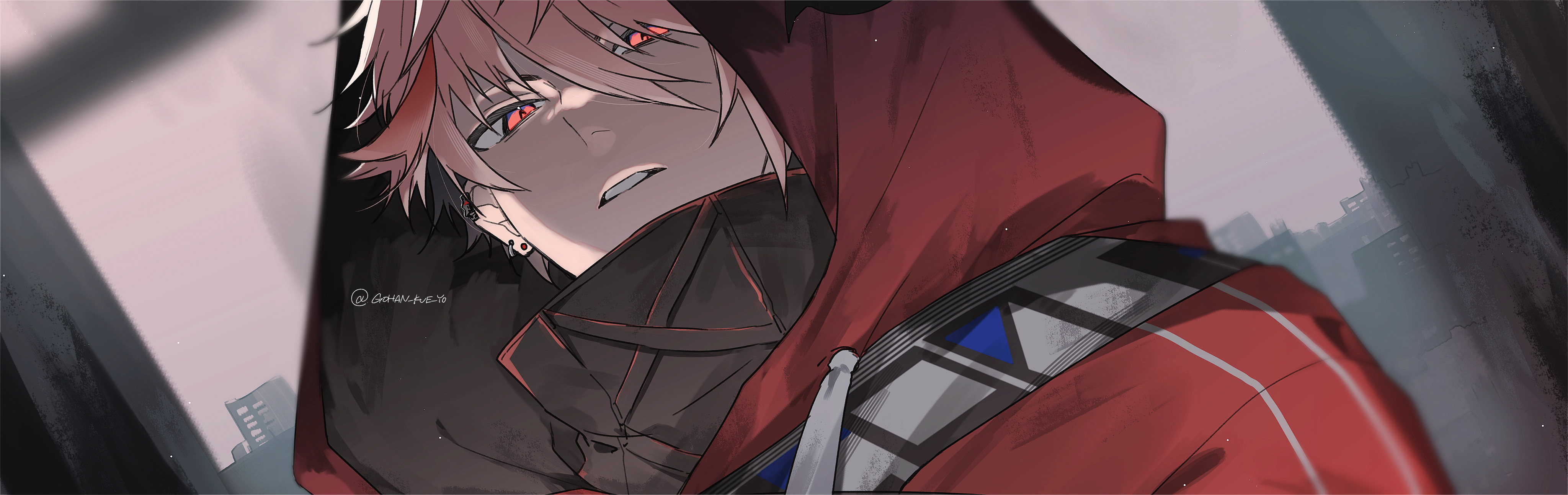 shiba twst 69, seraph dazzlegarden, seraph dazzlegarden (1st costume), nijisanji, absurdres, commentary request, highres, 1boy, black shirt, cityscape, flipped hair, grimace, high collar, hood, hood up, indoors, jacket, looking at viewer, male focus, multicolored hair, pink hair, red eyes, red hair, red jacket, shirt, sidelocks, solo, streaked hair, twitter username, upper body, virtual youtuber, window
