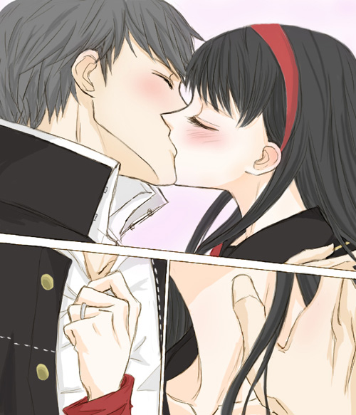 gogono pan'ya, amagi yukiko, narukami yu, atlus, persona, persona 4, 1boy, 1girl, black hair, blush, couple, hetero, kiss, long hair