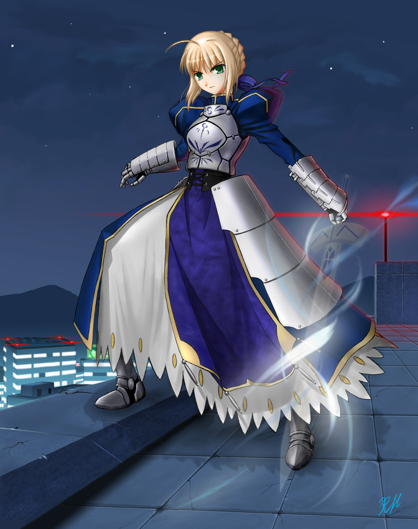 ranh, artoria pendragon (fate), saber (fate), fate/stay night, fate (series), 00s, 1girl, ahoge, armor, armored dress, blonde hair, boots, braid, dress, excalibur (fate/stay night), faulds, female focus, gauntlets, green eyes, hair ribbon, invisible air (fate), night, ribbon, rooftop, solo, star (symbol), sword, weapon