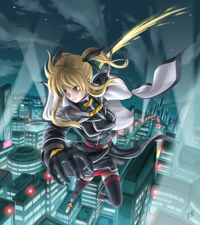 ranh, bardiche (haken form) (nanoha), bardiche (nanoha), fate testarossa, fate testarossa (impulse form), lyrical nanoha, mahou shoujo lyrical nanoha, mahou shoujo lyrical nanoha strikers, uniform, 00s, blonde hair, boots, cape, city, cityscape, flying, gloves, hair ribbon, long hair, red eyes, ribbon, solo, thighhighs, twintails, zettai ryouiki