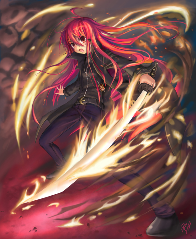 ranh, alastor (shakugan no shana), shana, shakugan no shana, 00s, 1girl, ahoge, coat, female focus, fire, jewelry, long hair, pendant, red eyes, red hair, solo, sword, very long hair, weapon