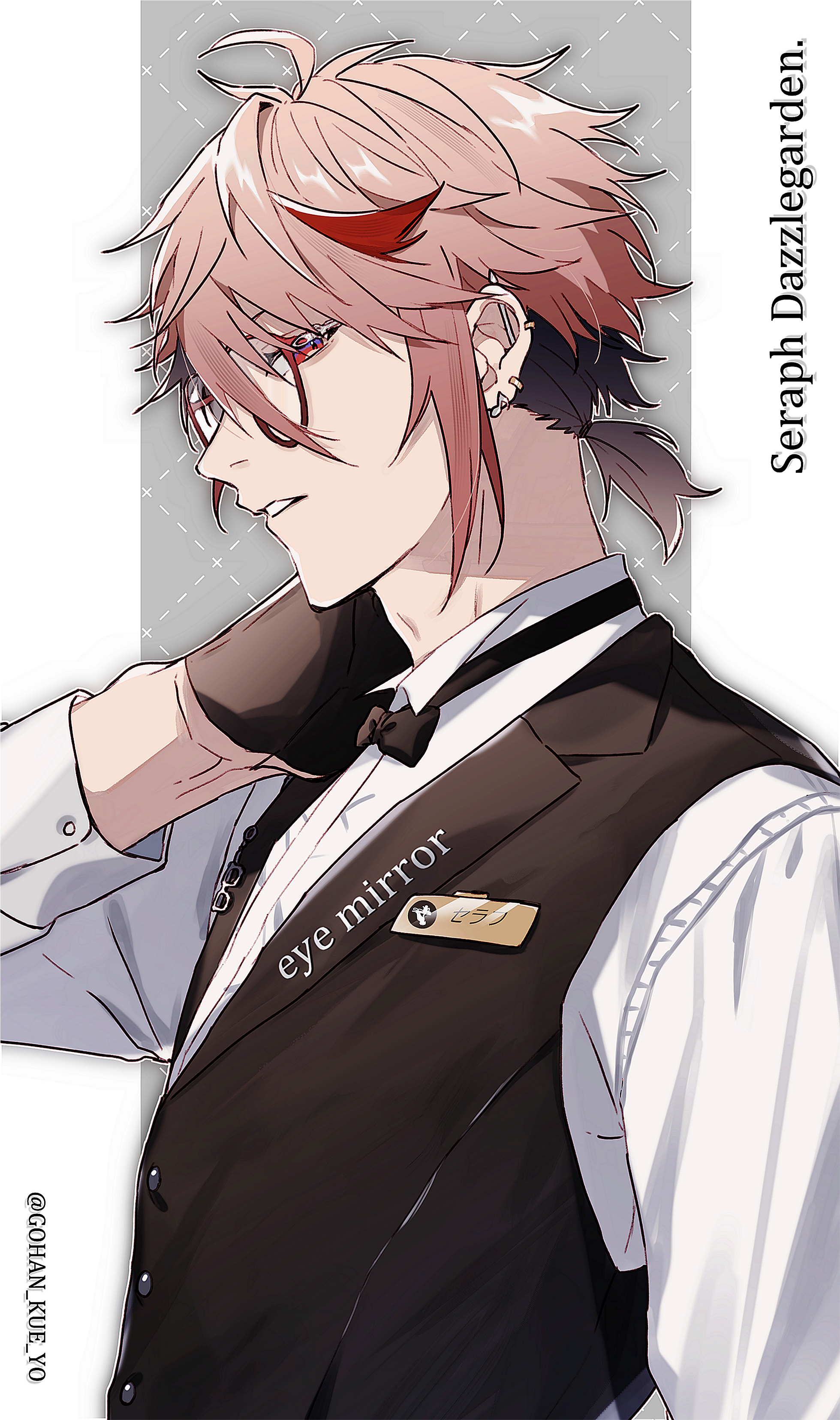 shiba twst 69, seraph dazzlegarden, nijisanji, absurdres, commentary request, highres, 1boy, ahoge, alternate costume, bespectacled, black bow, black bowtie, black gloves, black hair, black vest, bow, bowtie, character name, collared shirt, drop shadow, earrings, flipped hair, glasses, gloves, grey background, jewelry, looking at viewer, male focus, multicolored hair, multiple earrings, outline, pink hair, ponytail, red-framed eyewear, red eyes, red hair, shirt, short ponytail, sidelocks, simple background, solo, streaked hair, twitter username, undercut, upper body, vest, virtual youtuber, white background, white shirt