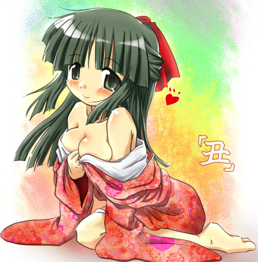 totoka, yoshinoya (hidamari sketch), hidamari sketch, 00s, blush, breasts, green eyes, green hair, hair ribbon, heart, japanese clothes, kimono, large breasts, long hair, ribbon, solo, undressing