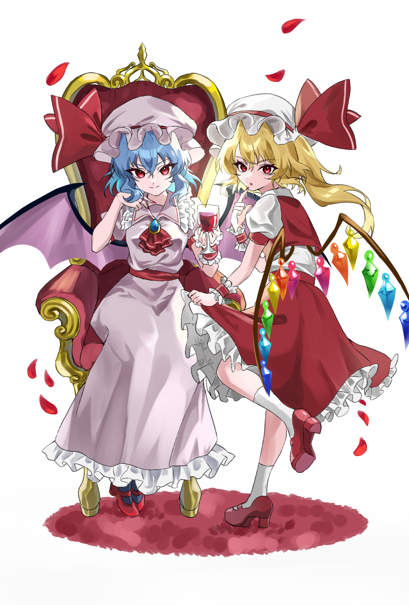 nyumuji ppp, flandre scarlet, remilia scarlet, touhou, highres, 2girls, alcohol, ascot, bat wings, blonde hair, blue hair, bow, crystal, crystal wings, cup, dress, drinking glass, full body, hat, hat ribbon, looking at viewer, mary janes, mob cap, multiple girls, open mouth, puffy short sleeves, puffy sleeves, red eyes, red ribbon, ribbon, shoes, short hair, short sleeves, siblings, side ponytail, simple background, sisters, sitting, skirt, smile, white background, wine, wine glass, wings, wrist cuffs