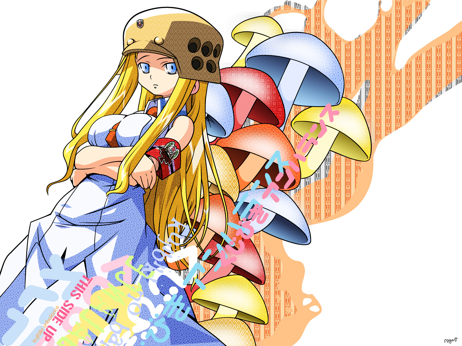 ritsuko kubel kettenkrad, kujibiki unbalance, highres, 00s, armband, blonde hair, dress, helmet, kujiun, long hair, solo