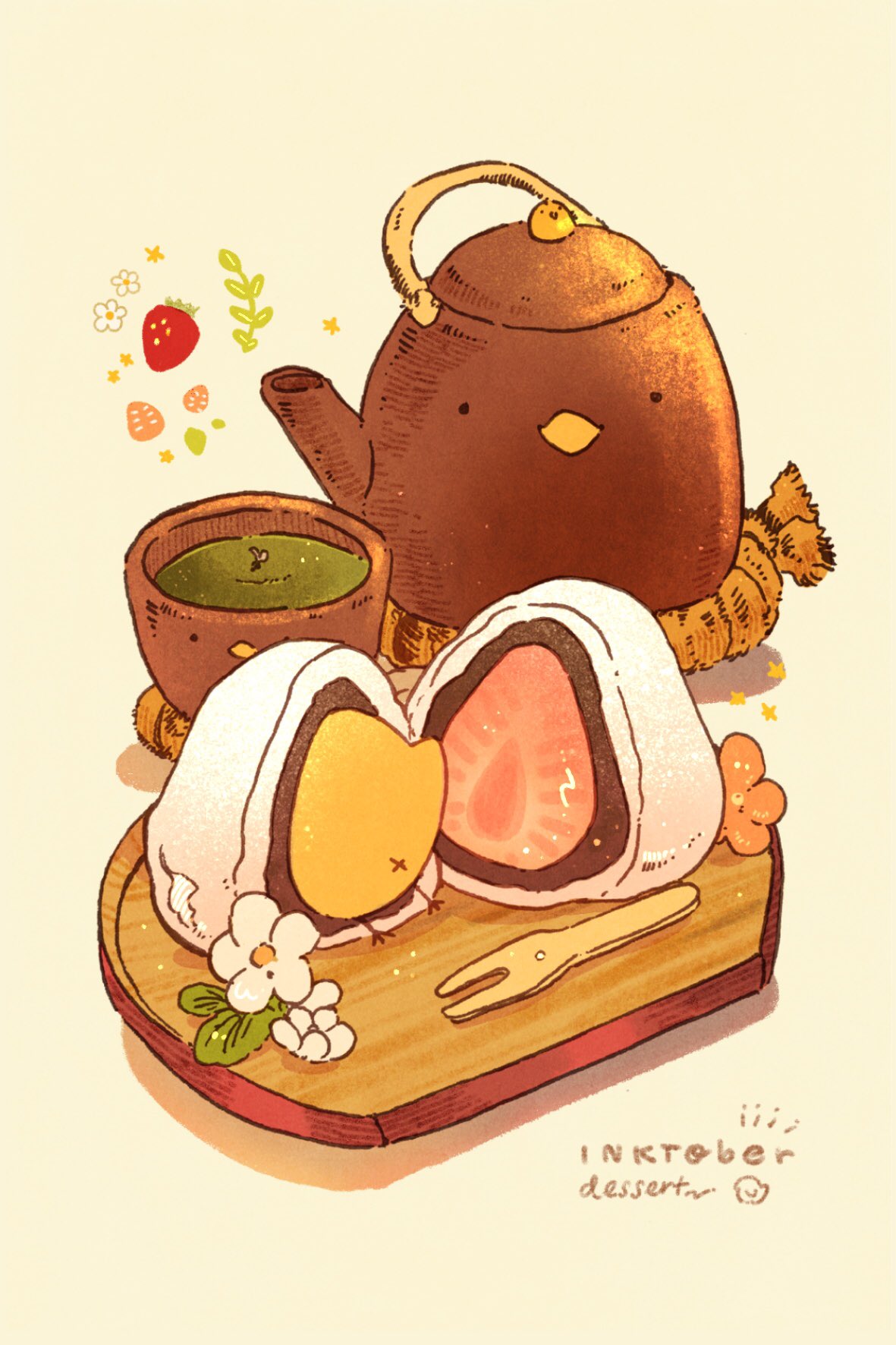 nao (bestrollever), original, commentary, english commentary, highres, mixed media, baby animal, bird, chick, cup, cutting board, daifuku, dessert, flower, food, food focus, fruit, green tea, ichigo daifuku, in food, inktober, kettle, no humans, red flower, rope, shadow, shimenawa, star (symbol), strawberry, tea, wagashi, white flower