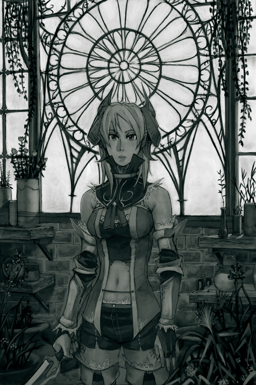 kirio, minami (yuumi kirio), 1girl, female focus, gauntlets, greyscale, horns, monochrome, navel, solo, sword, weapon