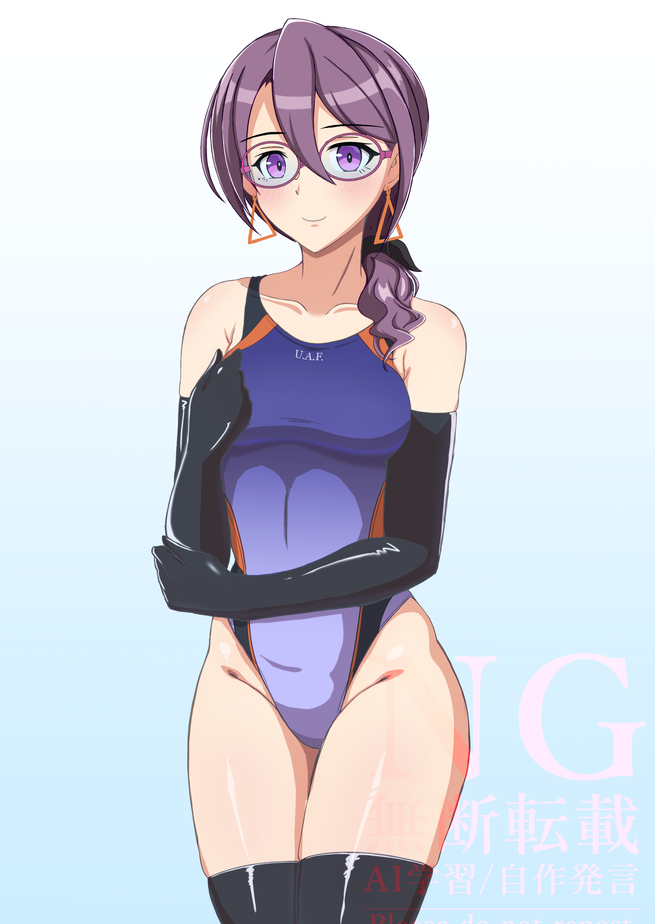 seppatsumaru, umamusume, absurdres, commentary request, highres, 1girl, bespectacled, black gloves, black thighhighs, blue background, blue one-piece swimsuit, breasts, competition swimsuit, earrings, glasses, gloves, gradient background, gradient one-piece swimsuit, hair between eyes, hair over shoulder, highleg, highleg one-piece swimsuit, jewelry, long hair, medium breasts, multicolored swimsuit, one-piece swimsuit, purple eyes, purple hair, solo, standing, swimsuit, thighhighs, triangle earrings, tsurugi ryoka, watermark