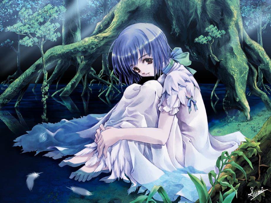 sumi keiichi, barefoot, blue hair, brown eyes, dress, feathers, feet in water, forest, hugging own legs, nature, ribbon, soaking feet, tree, water, white dress