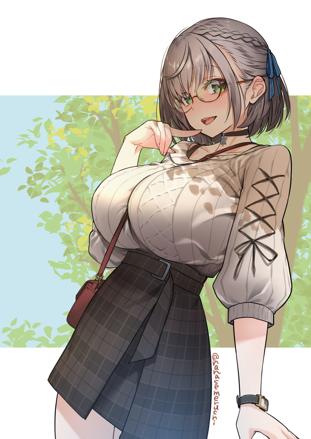 nanase meruchi, shirogane noel, shirogane noel (casual), hololive, commentary request, highres, 1girl, artist name, bag, between breasts, black choker, black ribbon, black skirt, blue ribbon, bob cut, braid, breasts, brown-framed eyewear, brown bag, choker, glasses, green eyes, grey hair, hair ribbon, hands up, high-waist skirt, huge breasts, index finger raised, leaf, looking at viewer, official alternate hairstyle, open mouth, outdoors, ribbon, semi-rimless eyewear, short hair, shoulder bag, skirt, solo, strap between breasts, sweater, sweater tucked in, teeth, tree, under-rim eyewear, upper teeth only, virtual youtuber, watch, white sweater, wristwatch