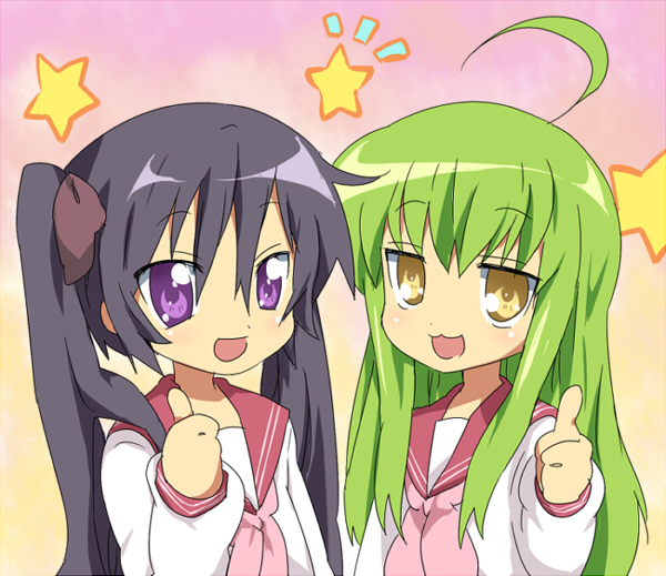 maruki (punchiki), c.c., hiiragi kagami, izumi konata, luluko, code geass, lucky star, bad id, bad pixiv id, 2girls, ahoge, black hair, brown eyes, cosplay, genderswap, genderswap (mtf), green hair, hiiragi kagami (cosplay), izumi konata (cosplay), long hair, multiple girls, purple eyes, ruruko, school uniform, serafuku