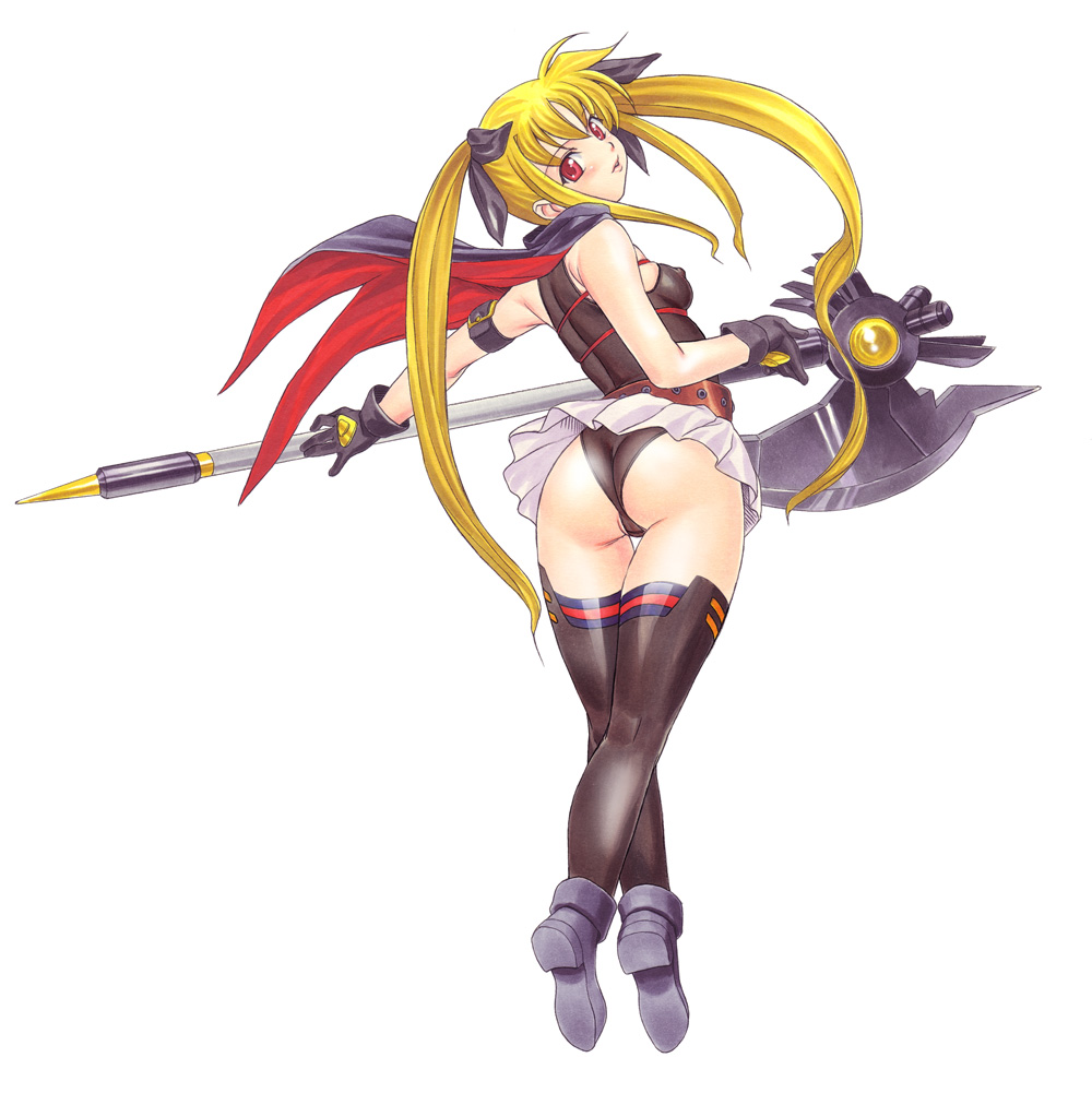 nishitsuki, nishitsuki tsutomu, bardiche (axe form) (nanoha), bardiche (nanoha), fate testarossa, fate testarossa (movie 1st form), lyrical nanoha, mahou shoujo lyrical nanoha, 00s, 1girl, ankle boots, armband, ass, belt, black thighhighs, blonde hair, blush, boots, breasts, cape, clothes lift, covered erect nipples, crossed legs, female focus, floating hair, from behind, full body, gloves, hair between eyes, hair ornament, hair ribbon, head tilt, holding, kneepits, leotard, lips, long hair, looking at viewer, looking back, miniskirt, panties, pantyshot, parted bangs, parted lips, partially visible vulva, pleated skirt, red eyes, ribbon, scythe, sidelocks, simple background, skin tight, skirt, skirt lift, small breasts, solo, standing, strap, studded belt, tank top, thighhighs, tiptoes, twintails, underwear, upskirt, very long hair, watson cross, weapon, white background, wind, wind lift