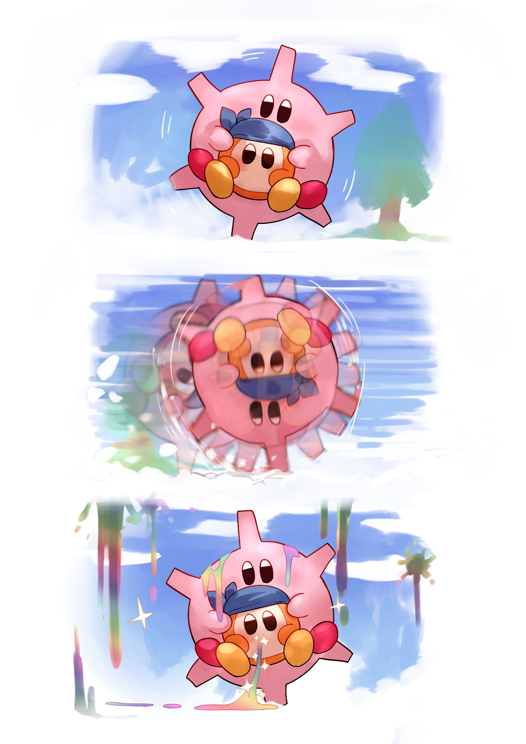 shiburingaru, bandana waddle dee, gear mouth, kirby, kirby (series), kirby and the forgotten land, nintendo, absurdres, highres, 3koma, blue sky, comic, gears, holding, motion blur, mouthful mode, rolling, sky, tree, vomiting rainbows