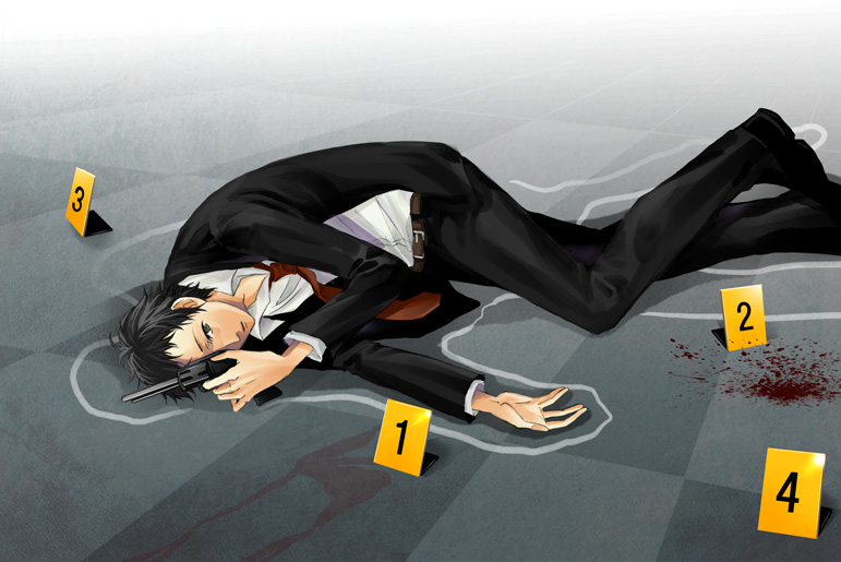 toki-o, adachi tooru, atlus, persona, persona 4, black hair, blazer, blood, formal clothes, gun, handgun, lying, male focus, necktie, revolver, short hair, suit, weapon
