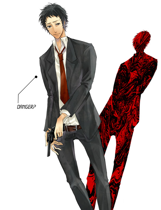 toki-o, adachi tooru, atlus, persona, persona 4, spoilers, 1boy, belt, blazer, brown hair, formal clothes, gun, handgun, jacket, male focus, necktie, revolver, short hair, solo, suit, weapon
