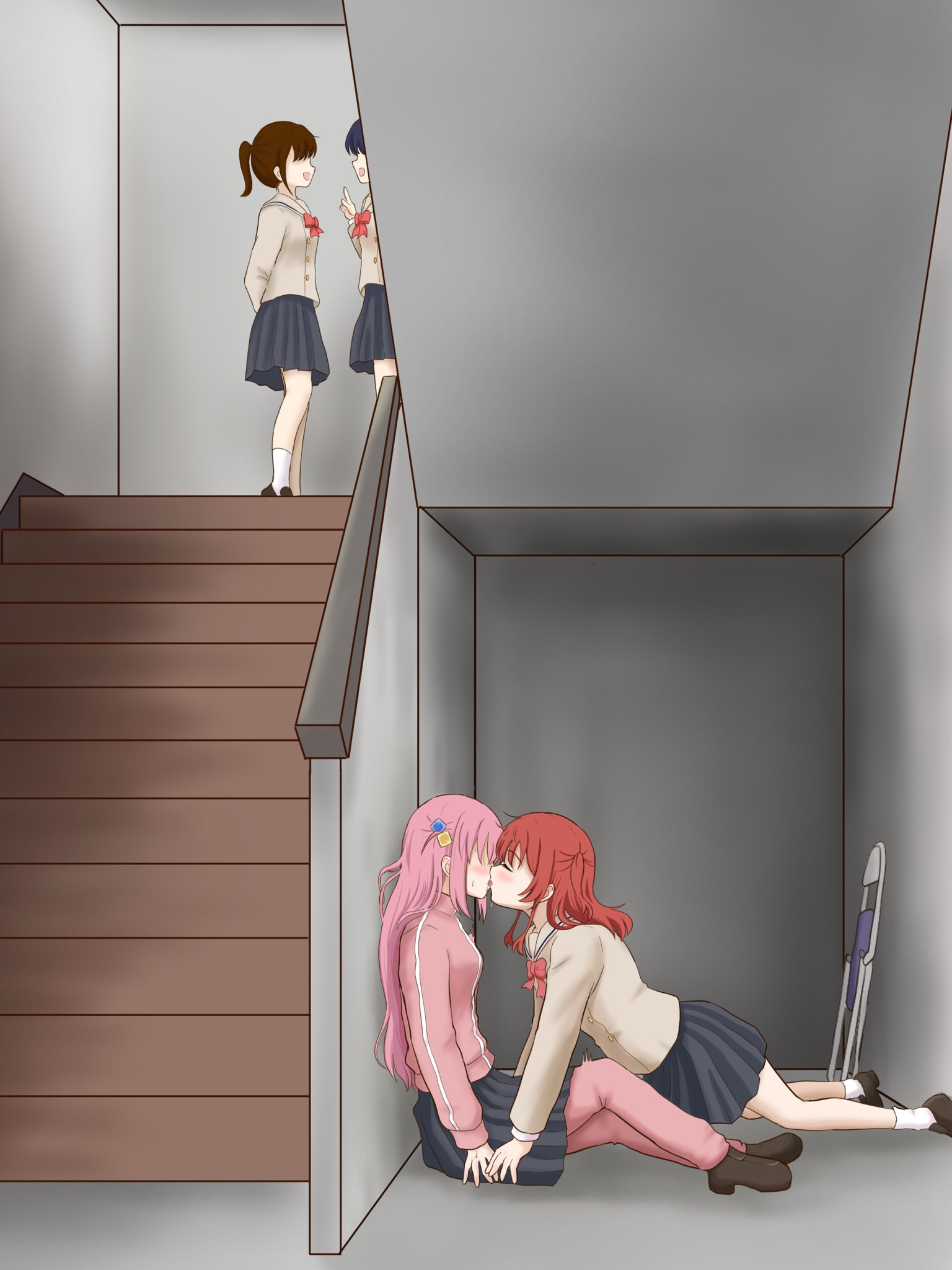 yukiyama3776m, gotoh hitori, kita ikuyo, bocchi the rock!, commentary request, highres, 4girls, black skirt, bow, bowtie, brown hair, brown shirt, brown shoes, chair, closed eyes, cube hair ornament, folding chair, french kiss, hair ornament, holding hands, jacket, kiss, long hair, multiple girls, one side up, pants, pink hair, pink jacket, pink pants, pleated skirt, ponytail, red bow, red bowtie, red hair, school uniform, shirt, shoes, shuka high school uniform, skirt, socks, stairs, stairwell, track jacket, white socks, yuri