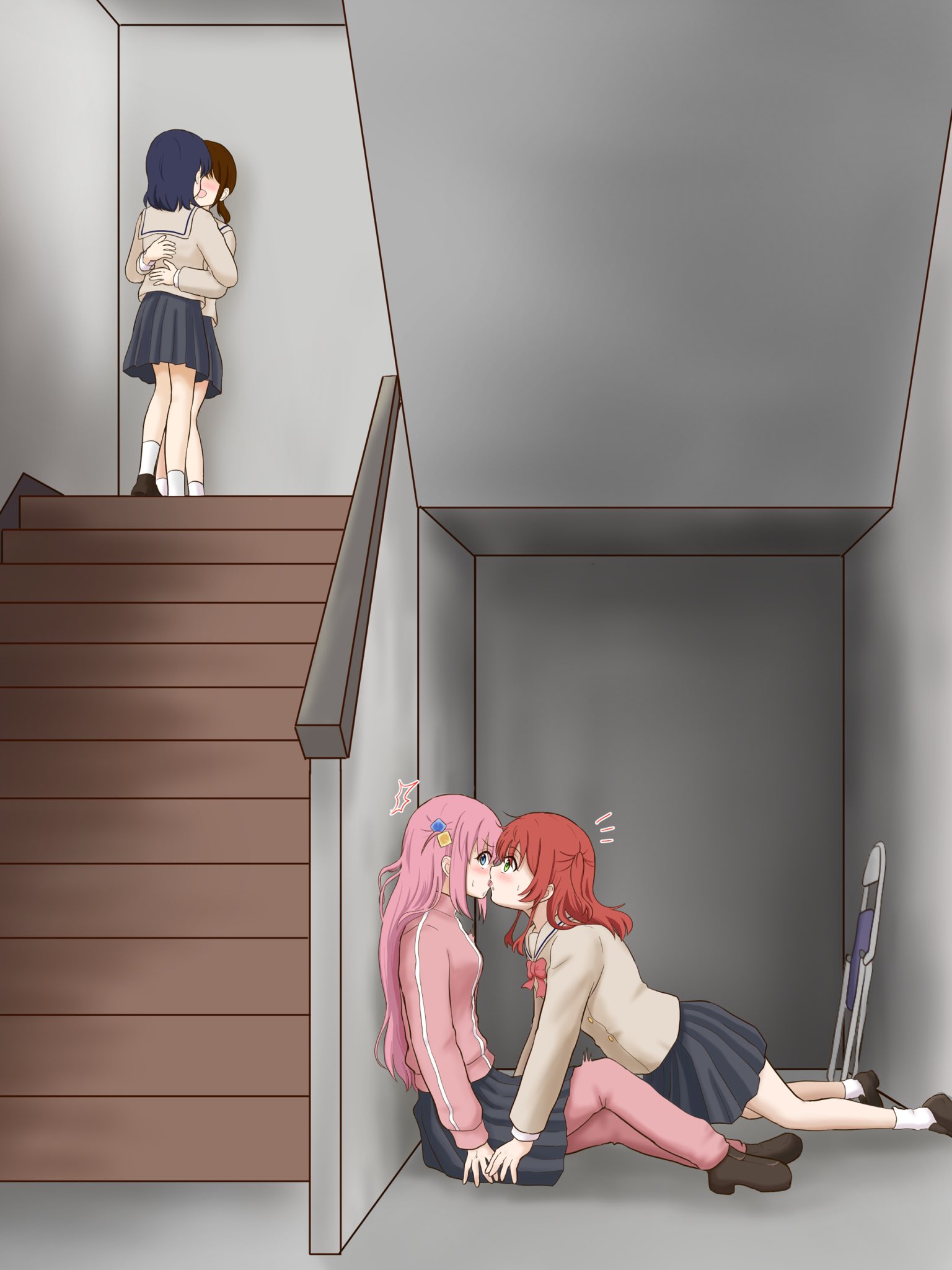 yukiyama3776m, gotoh hitori, kita ikuyo, bocchi the rock!, highres, 4girls, black skirt, blue eyes, blush, bow, bowtie, brown hair, brown shirt, brown shoes, chair, closed eyes, cube hair ornament, folding chair, french kiss, green eyes, hair ornament, holding hands, hug, jacket, kiss, long hair, multiple girls, one side up, pants, pink hair, pink jacket, pink pants, pleated skirt, ponytail, red bow, red bowtie, red hair, school uniform, shirt, shoes, shuka high school uniform, skirt, socks, stairs, stairwell, sweat, track jacket, white socks, yuri