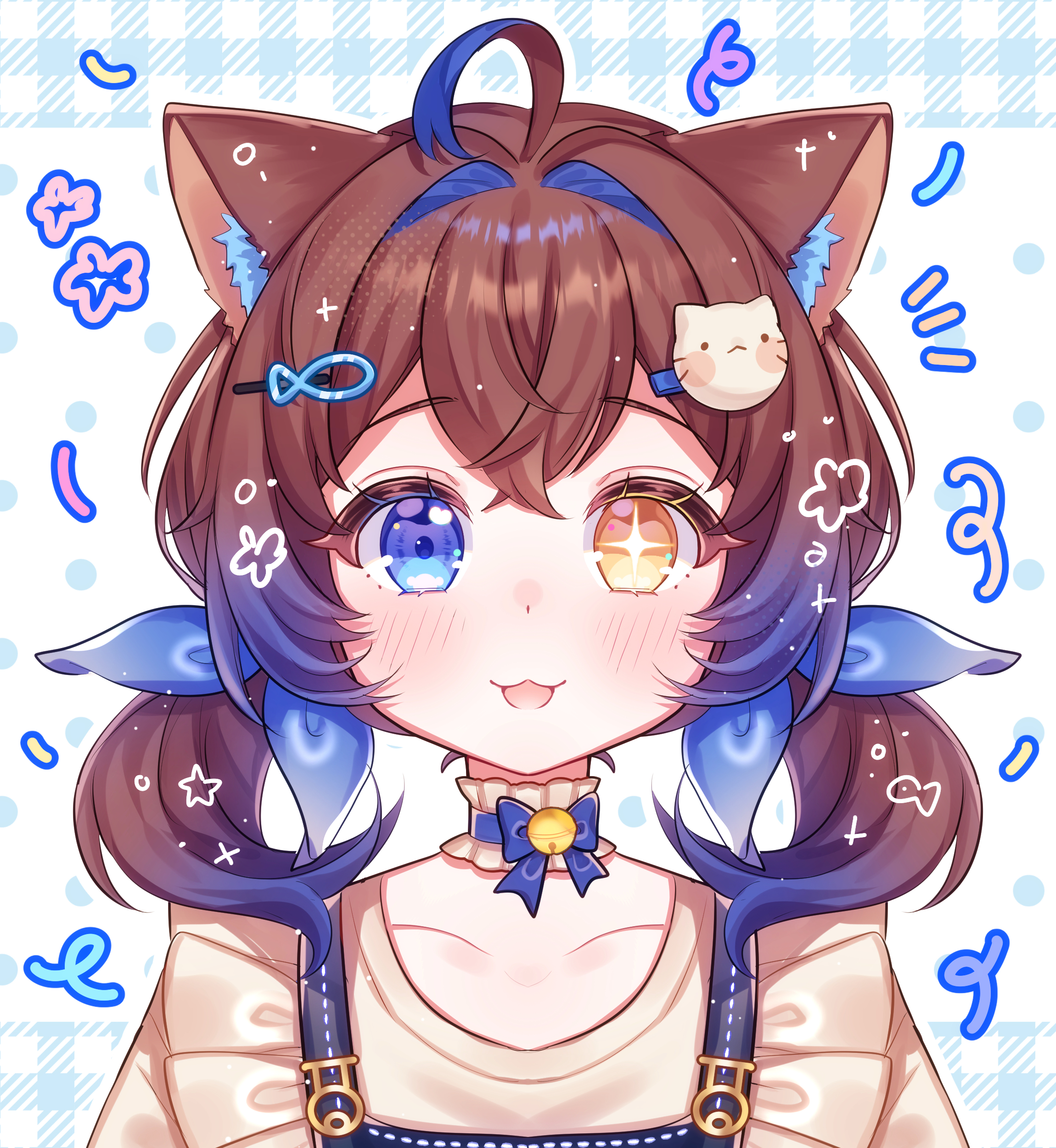 original, absurdres, highres, self-upload, ahoge, animal ears, bell, blue eyes, blue hair, blush, bow, brown hair, cat, cat ears, cat girl, collar, fish hair ornament, hair ornament, icon (computing), jewelry, jingle bell, nakamiraa, necklace, short twintails, smile, sparkle, sparkling eyes, twintails, yellow eyes