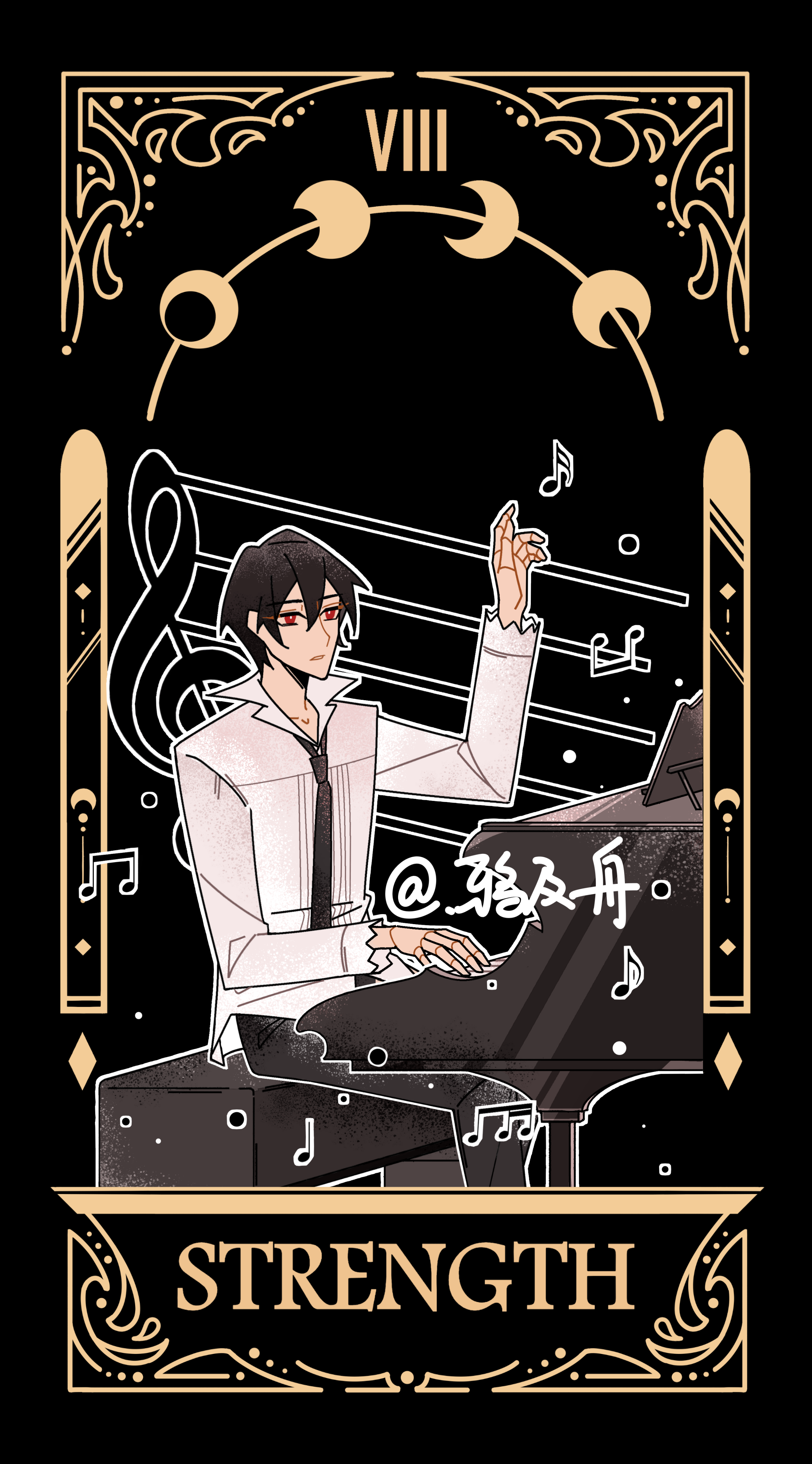 ayn alwyn, lovebrush chronicles, absurdres, highres, 1boy, black background, black hair, black necktie, black pants, card (medium), english text, feet out of frame, grand piano, hair between eyes, hand up, instrument, long sleeves, looking up, male focus, moon phases, music, musical note, musical staff, necktie, outline, pants, parted lips, piano, piano bench, playing instrument, playing piano, reaching, red eyes, roman numeral, shirt, short hair, simple background, sitting, solo, strength (tarot), tarot, tarot (medium), untucked shirt, white outline, white shirt, wing collar, ya ji zhou