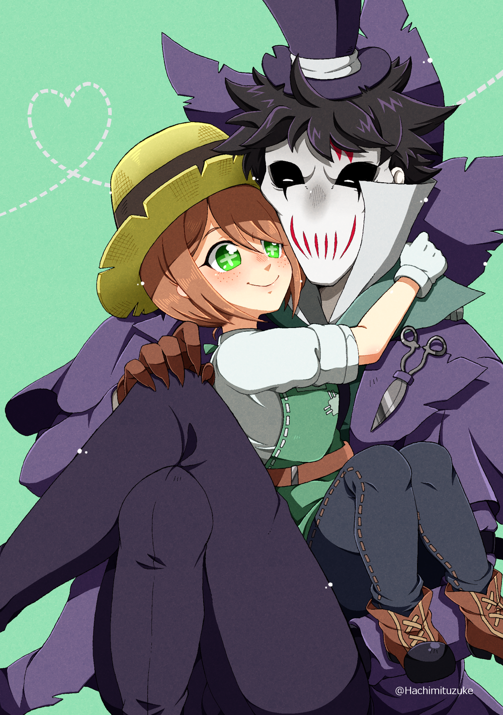 hachimituzuke, emma woods, jack (identity v), identity v, highres, + +, 1boy, 1girl, apron, artist name, black hair, black pants, brown gloves, crossed legs, freckles, gardening shears, gloves, green background, green eyes, hand on own knee, hat, mask, pants, short hair, sitting, smile, white gloves