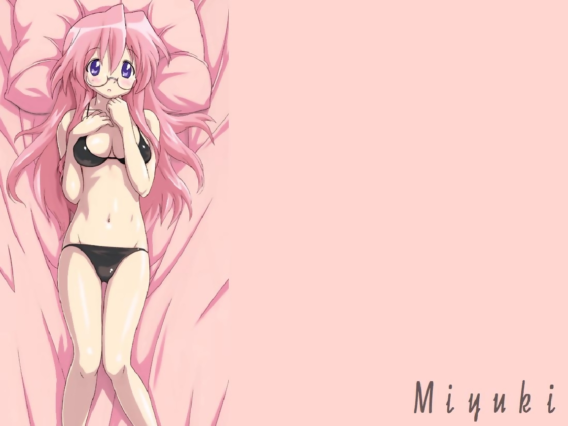 takara miyuki, lucky star, non-web source, 00s, bikini, black bikini, blush, glasses, lying, pink hair, purple eyes, solo, string bikini, swimsuit