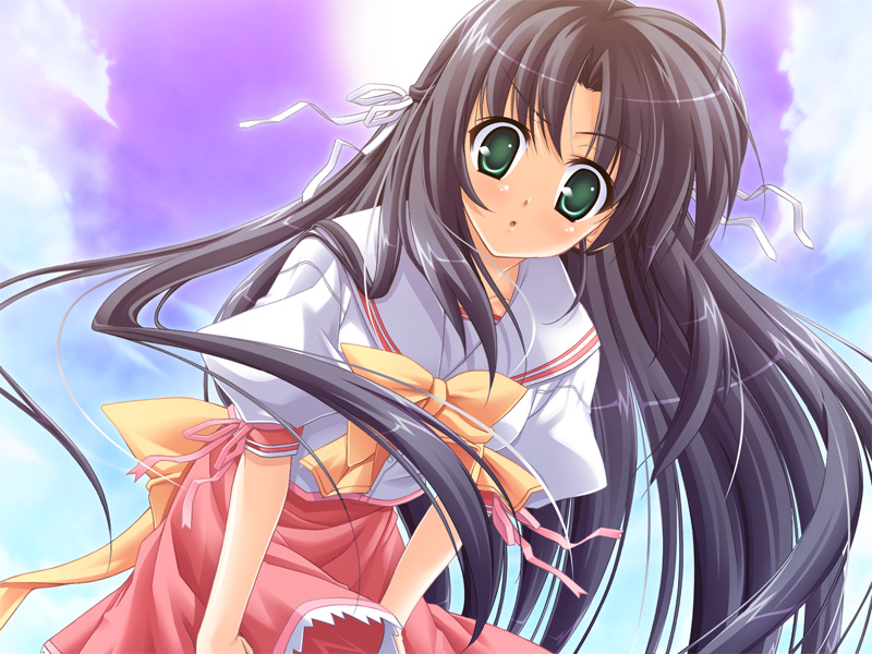 kimura koroya, hoshino shinju, gakuto!, game cg, non-web source, 1girl, black hair, cloud, day, dress, female focus, from below, green eyes, long hair, looking down, sky, solo