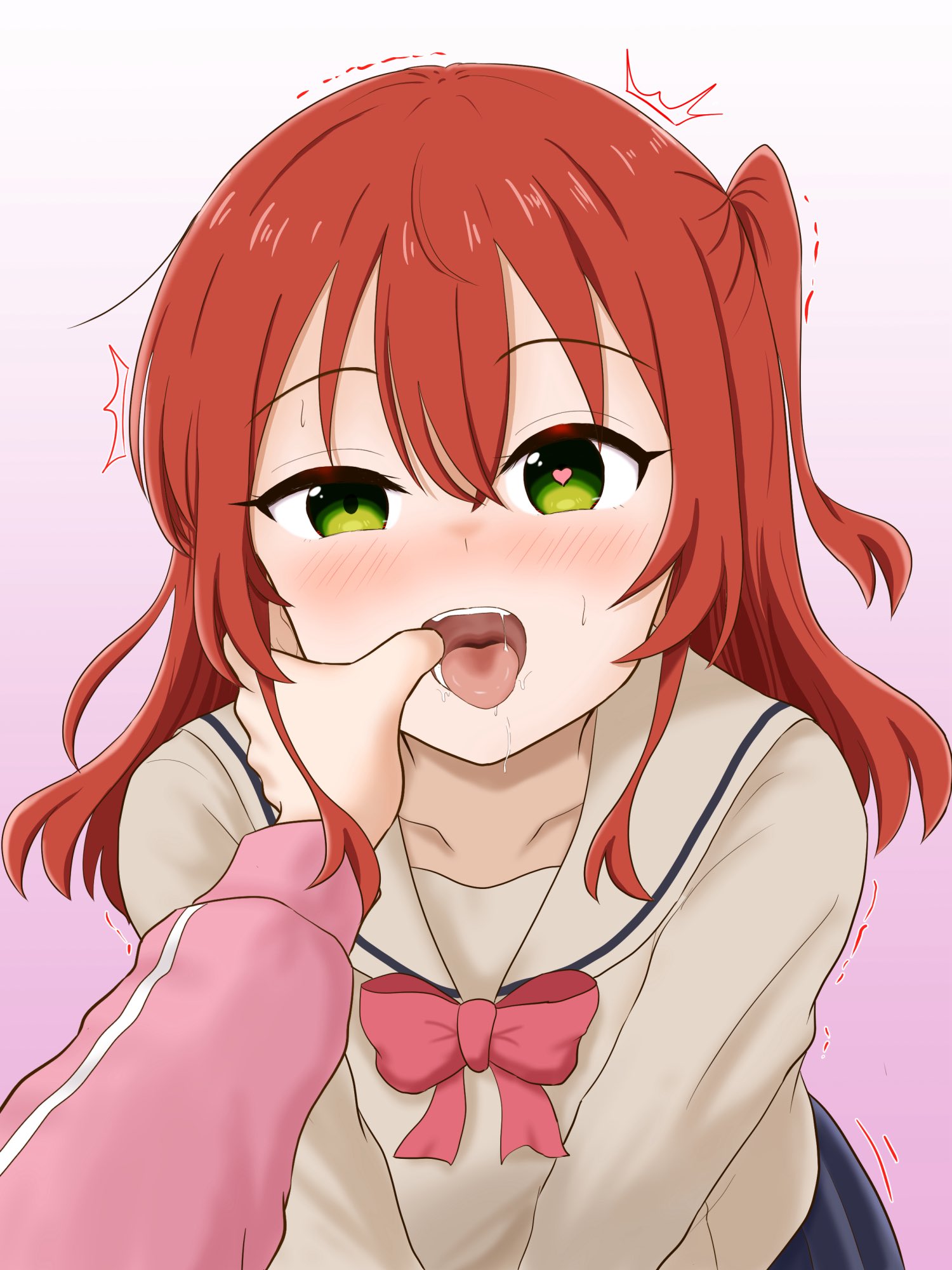 yukiyama3776m, gotoh hitori, kita ikuyo, bocchi the rock!, highres, 2girls, bow, bowtie, brown shirt, female pov, finger in another's mouth, gradient background, green eyes, heart, heart-shaped pupils, jacket, looking at viewer, multiple girls, ohhoai, one side up, open mouth, pink background, pink bow, pink bowtie, pink jacket, pov, red hair, saliva, school uniform, shirt, shuka high school uniform, symbol-shaped pupils, tongue, tongue out, white background, yuri