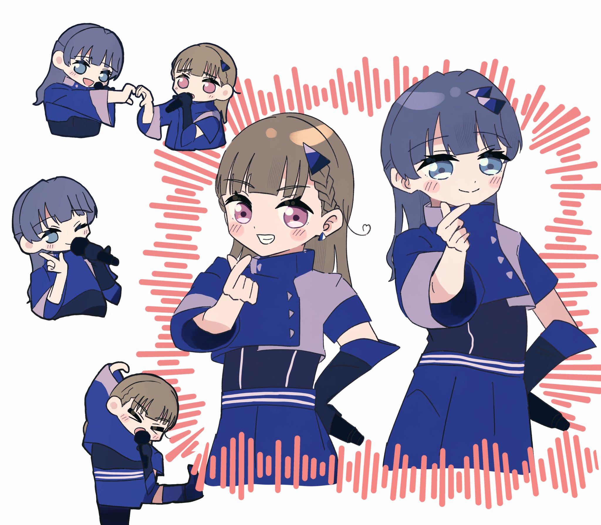 magu (cv mgmgcup), kachimachi kosuzu, murano sayaka, link! like! love live!, love live!, commentary, highres, > <, 2girls, 5th live tour ~4pair power spread!!!!~, :o, ;), ahoge, asymmetrical sleeves, blue eyes, blue gloves, blue hair, blue jacket, blue shorts, blush, braid, brown hair, center-flap bangs, closed mouth, cropped jacket, dollchestra, elbow gloves, finger heart, gloves, half updo, hand on own hip, heart, heart ahoge, heart hands, heart hands duo, holding, holding microphone, jacket, ladybug/beauty (love live!), long hair, long sleeves, looking at viewer, microphone, multiple girls, multiple views, one eye closed, open mouth, pink eyes, short-sleeved jacket, short sleeves, shorts, side ahoge, side braids, single elbow glove, single glove, smile, split mouth, uneven sleeves, virtual youtuber, white background