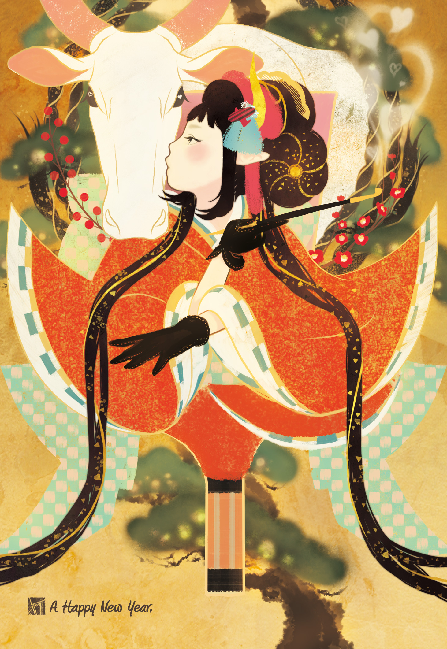 sakamoto himemi, original, bad id, bad pixiv id, highres, 00s, 1girl, 2009, black hair, bull, female focus, holding, holding smoking pipe, kiseru, new year, smoking pipe, solo