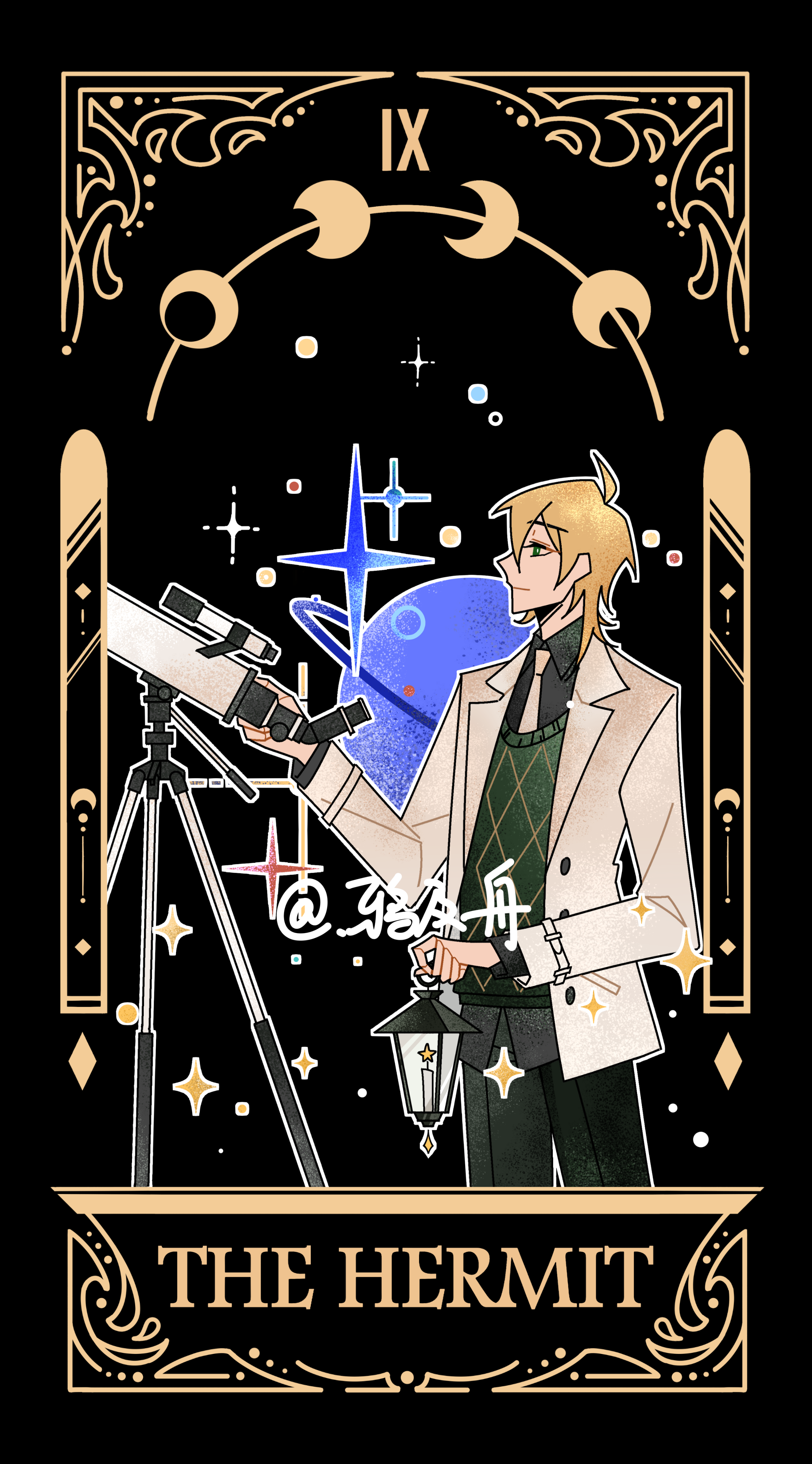 alkaid mcgrath, lovebrush chronicles, absurdres, highres, 1boy, black background, black shirt, blonde hair, card (medium), collared shirt, cowboy shot, english text, green eyes, green pants, green sweater vest, hair between eyes, holding, holding lantern, jacket, lantern, lapels, long sleeves, looking ahead, male focus, medium hair, moon phases, necktie, notched lapels, open clothes, open jacket, outline, pants, planet, planetary ring, profile, roman numeral, shirt, simple background, smile, solo, sparkle, standing, sweater vest, tarot, tarot (medium), telescope, the hermit (tarot), untucked shirt, white jacket, white necktie, white outline, ya ji zhou