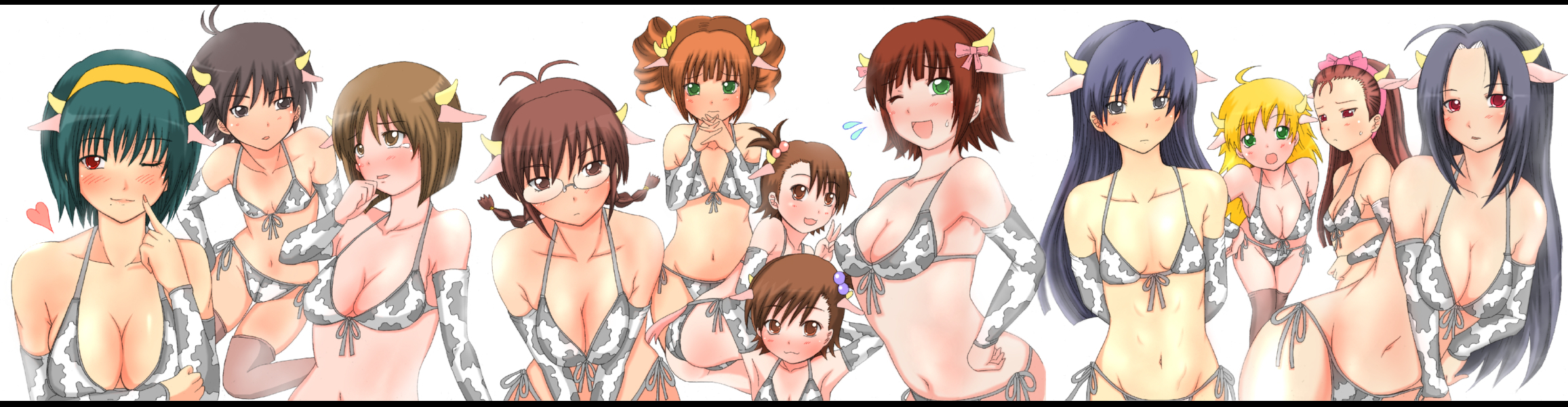 shiina you (tomoshibi), akizuki ritsuko, amami haruka, futami ami, futami mami, hagiwara yukiho, hoshii miki, kikuchi makoto, miura azusa, otonashi kotori, takatsuki yayoi, idolmaster, idolmaster (classic), idolmaster 1, highres, long image, wide image, 00s, 2009, 6+girls, ahoge, animal print, antenna hair, armpits, arms behind back, bikini, blush, braid, breasts, cleavage, cow print, elbow gloves, everyone, flat chest, front-tie top, glasses, gloves, hair bobbles, hair ornament, hair ribbon, hairband, large breasts, long hair, medium breasts, multiple girls, navel, new year, one eye closed, ribbon, short hair, siblings, side-tie bikini bottom, side ponytail, sisters, small breasts, smile, string bikini, swimsuit, twin braids, twins, twintails, v, wink
